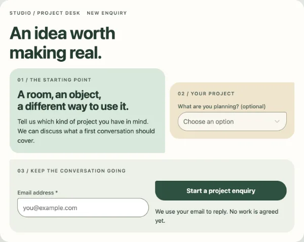 Project workboard — Project enquiry. Sample design content.