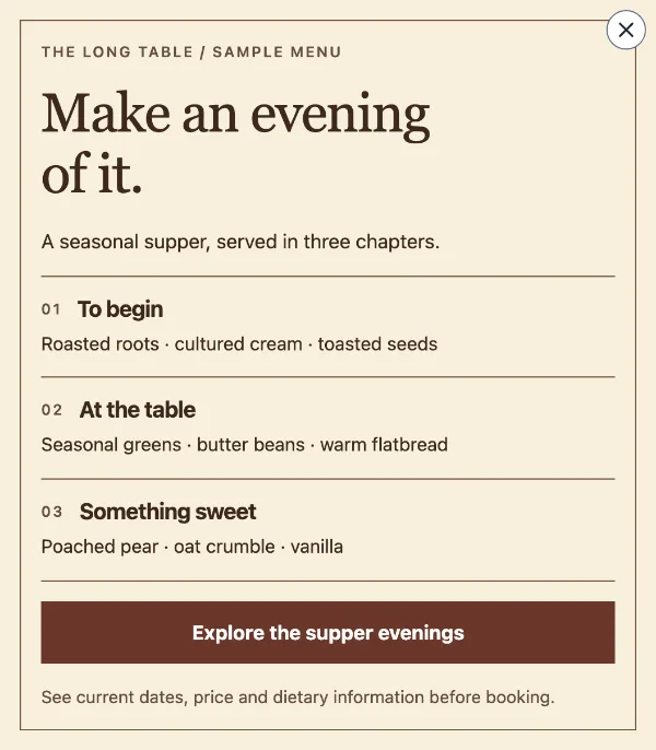 Supper menu — Sample menu. Sample design content.
