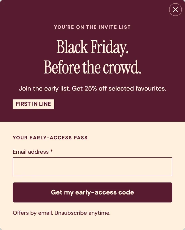 The early list — Signup. Sample design content.