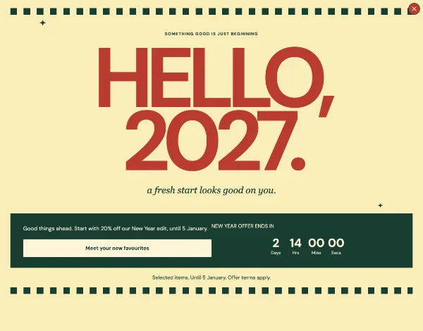 Hello, twenty twenty-seven — Offer. Sample design content.