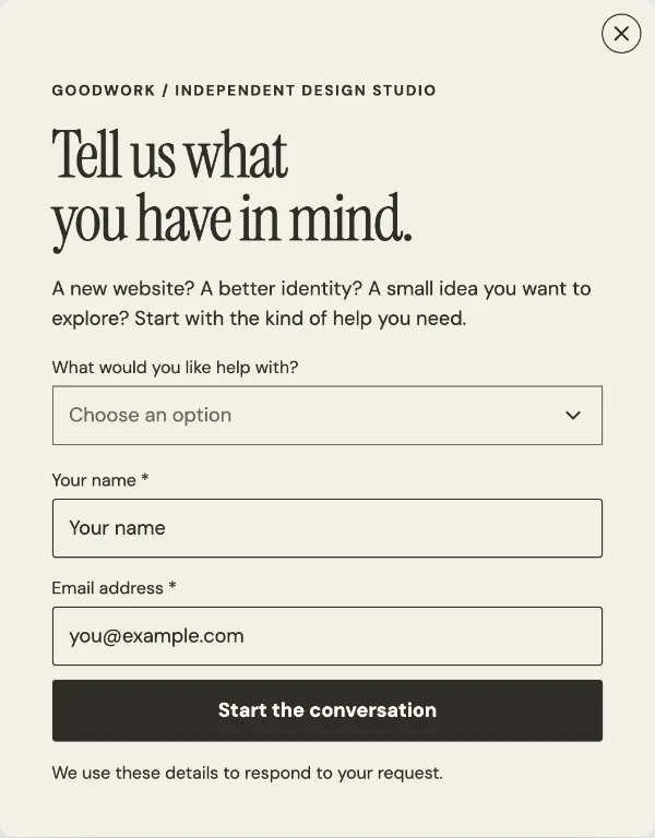 Start a conversation — Details. Sample design content.