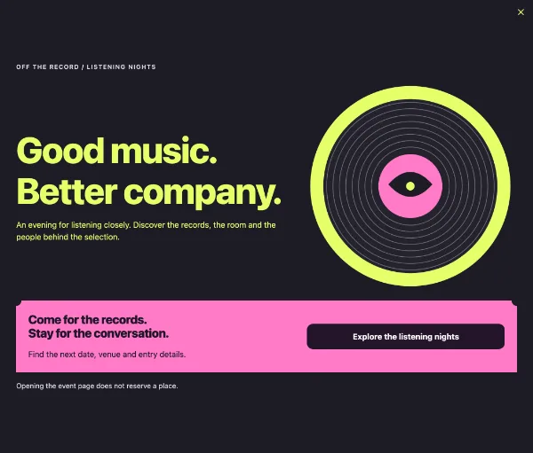 After hours — Listening night. Sample design content.