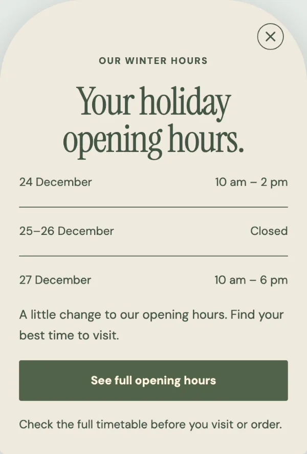 Winter hours — Offer. Sample design content.