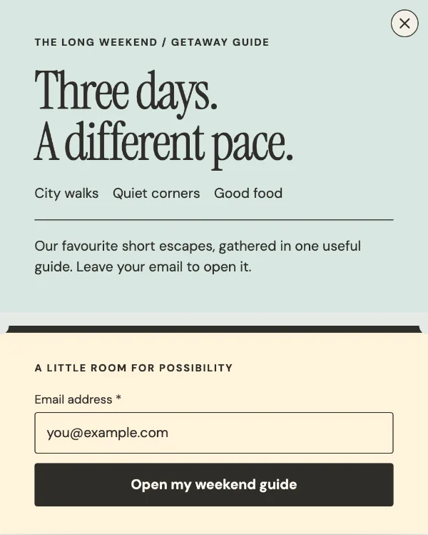 The long weekend pass — Details. Sample design content.