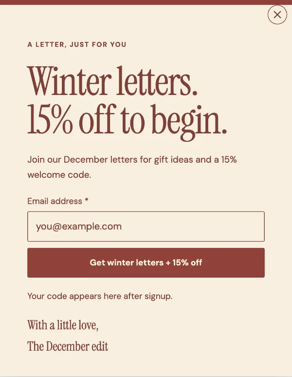 Dear December — Signup. Sample design content.