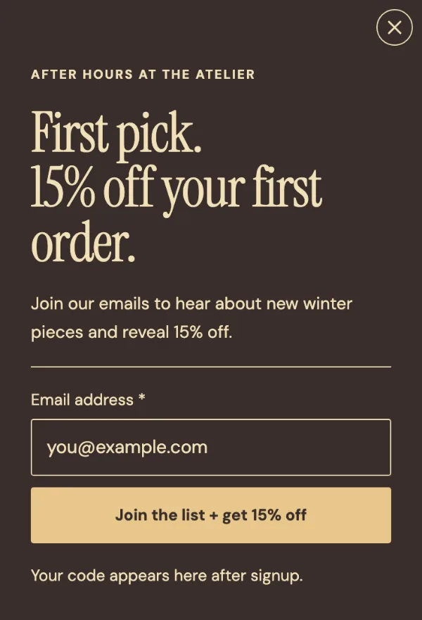 After-hours at the atelier — Signup. Sample design content.