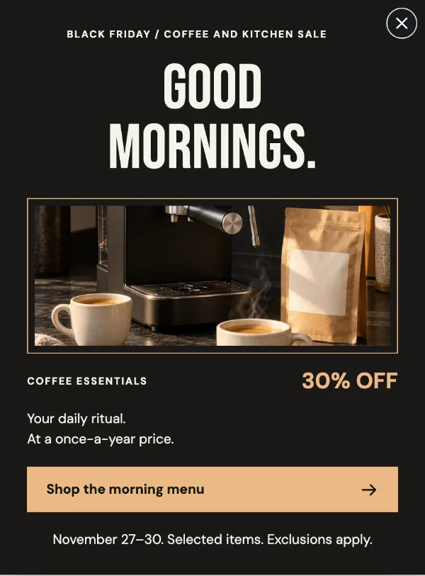 Black Friday Coffee Menu — Offer. Sample design content.