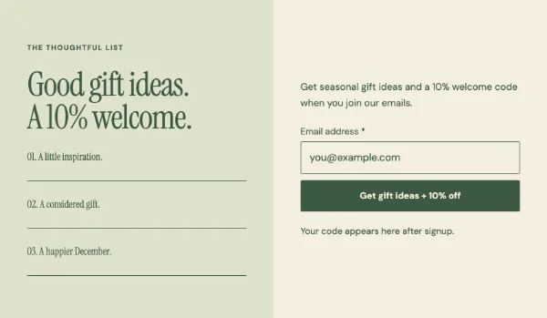 The thoughtful list — Signup. Sample design content.