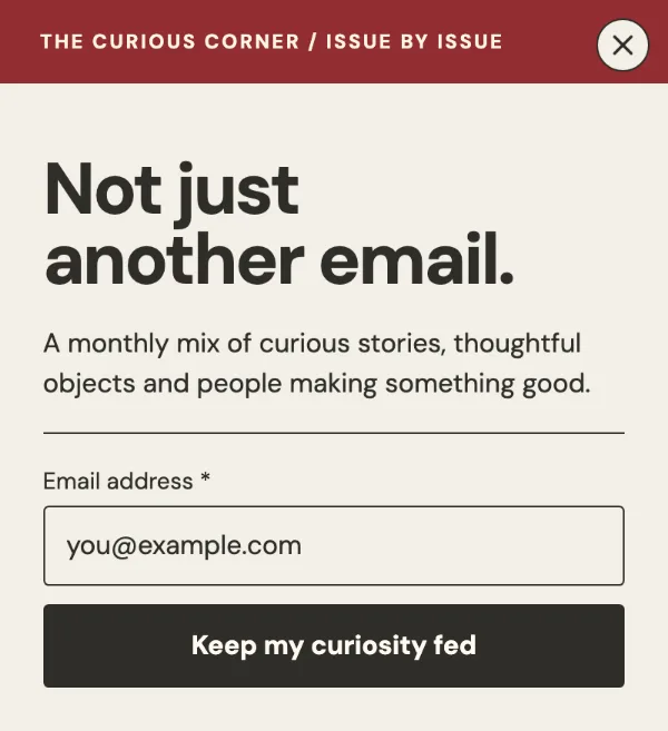 The curious corner — Details. Sample design content.