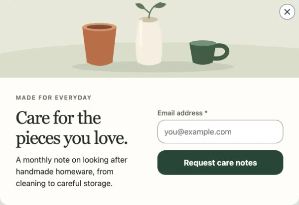 The product shelf — Email request. Sample design content.