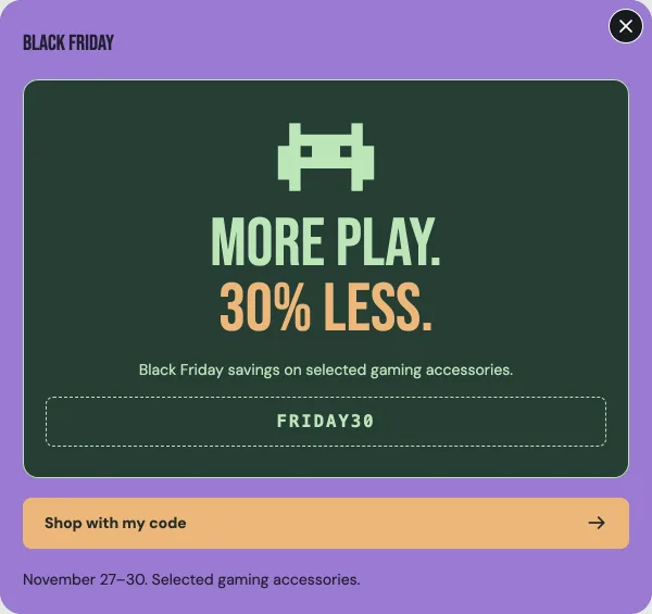 Friday Game Code — Offer. Sample design content.