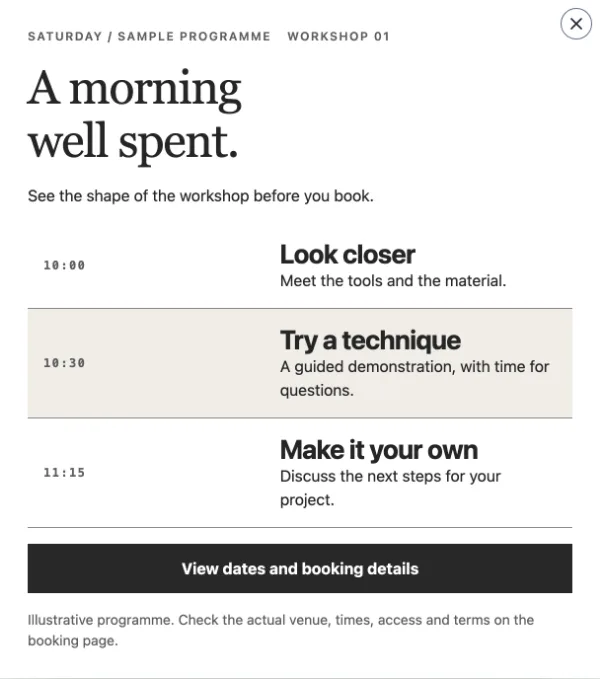 Programme board — Workshop programme. Sample design content.