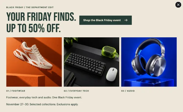 Black Friday Departments — Offer. Sample design content.